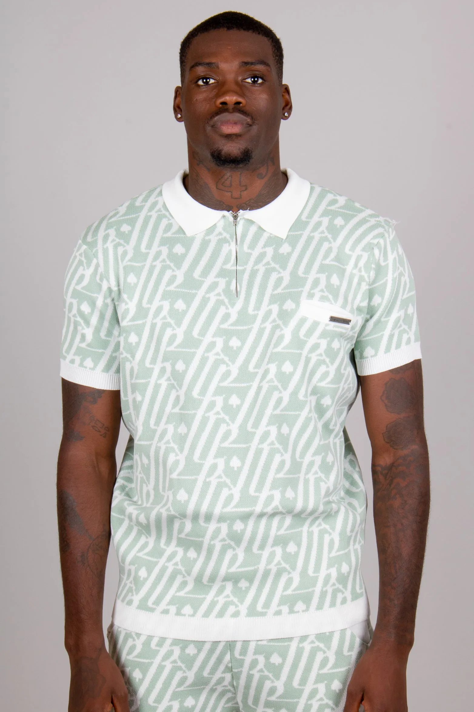 Jacquard Print Knitted Zip Polo
