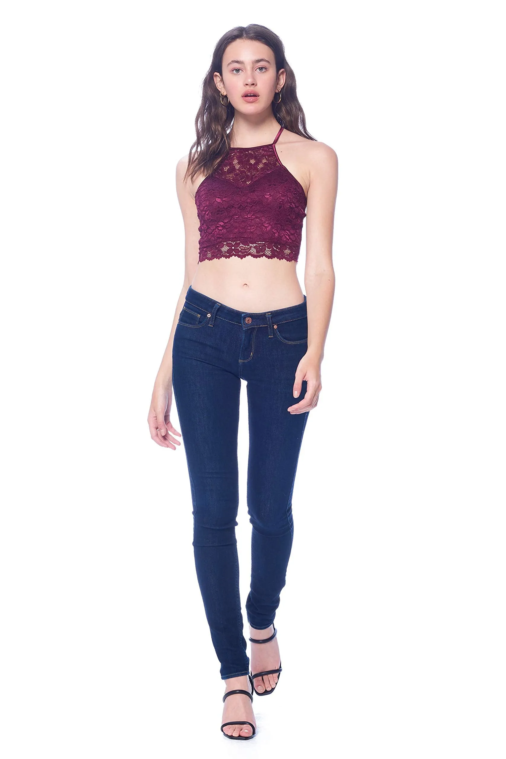 Khanomak Women's Lace Padded Bra Cutout halter Style Crop Top