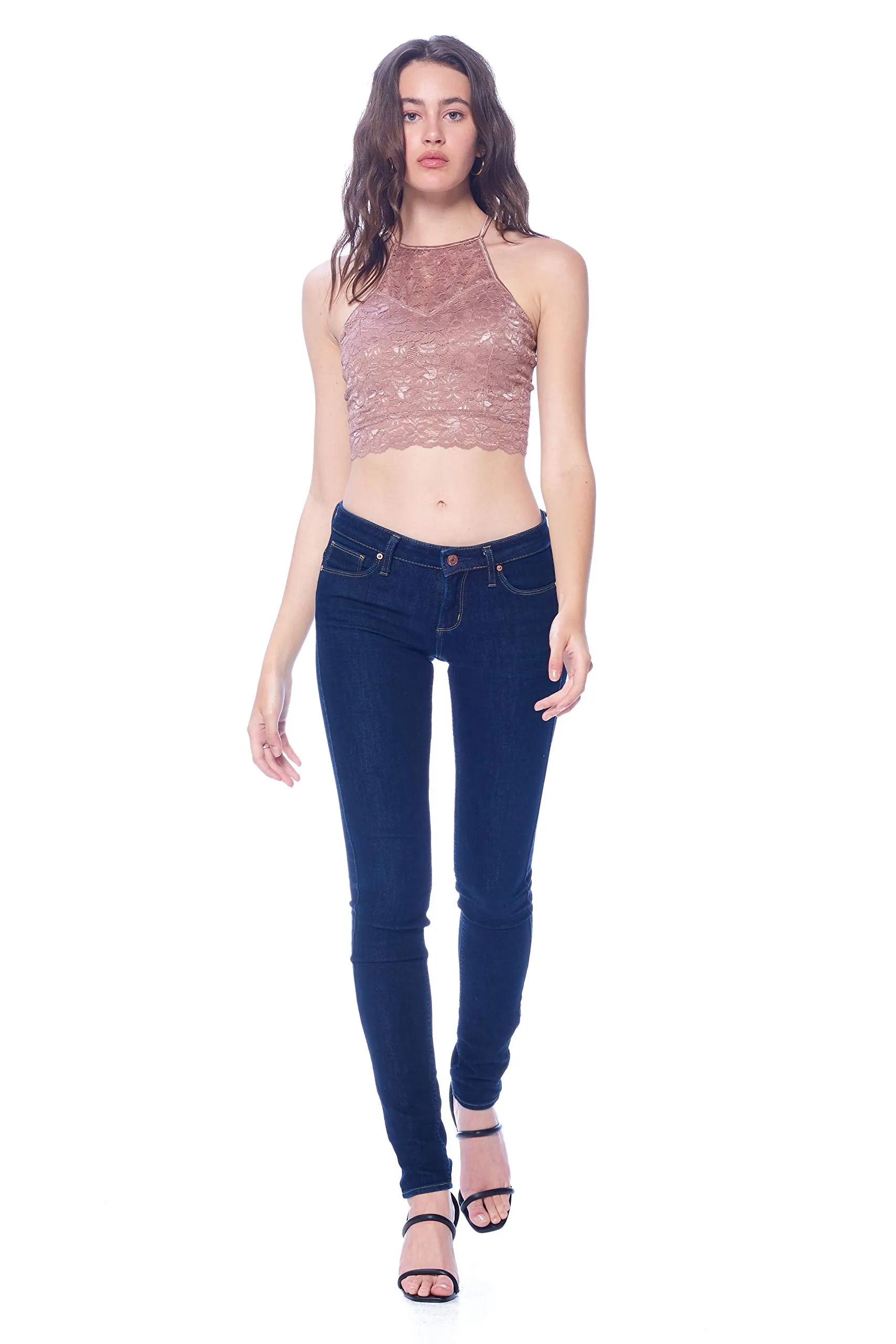 Khanomak Women's Lace Padded Bra Cutout halter Style Crop Top