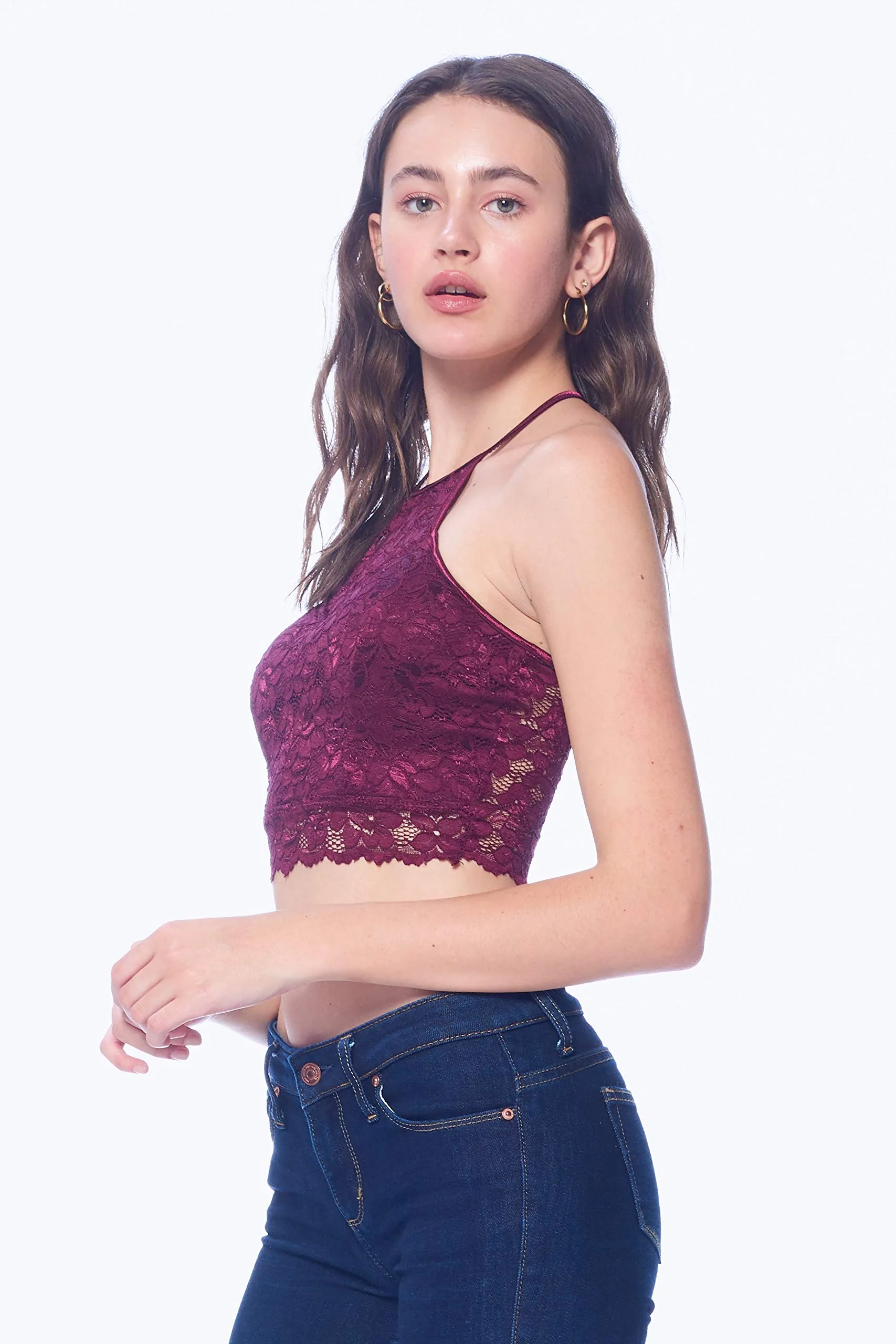 Khanomak Women's Lace Padded Bra Cutout halter Style Crop Top