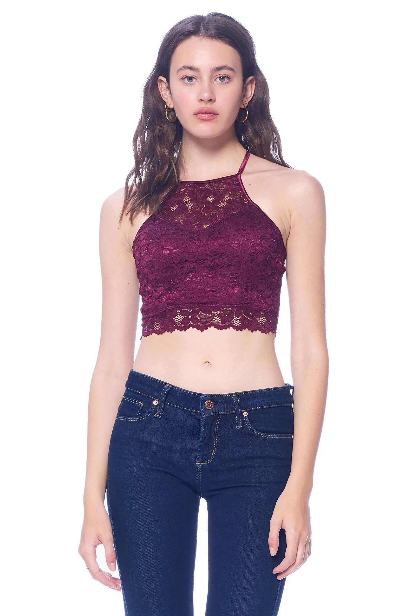Khanomak Women's Lace Padded Bra Cutout halter Style Crop Top