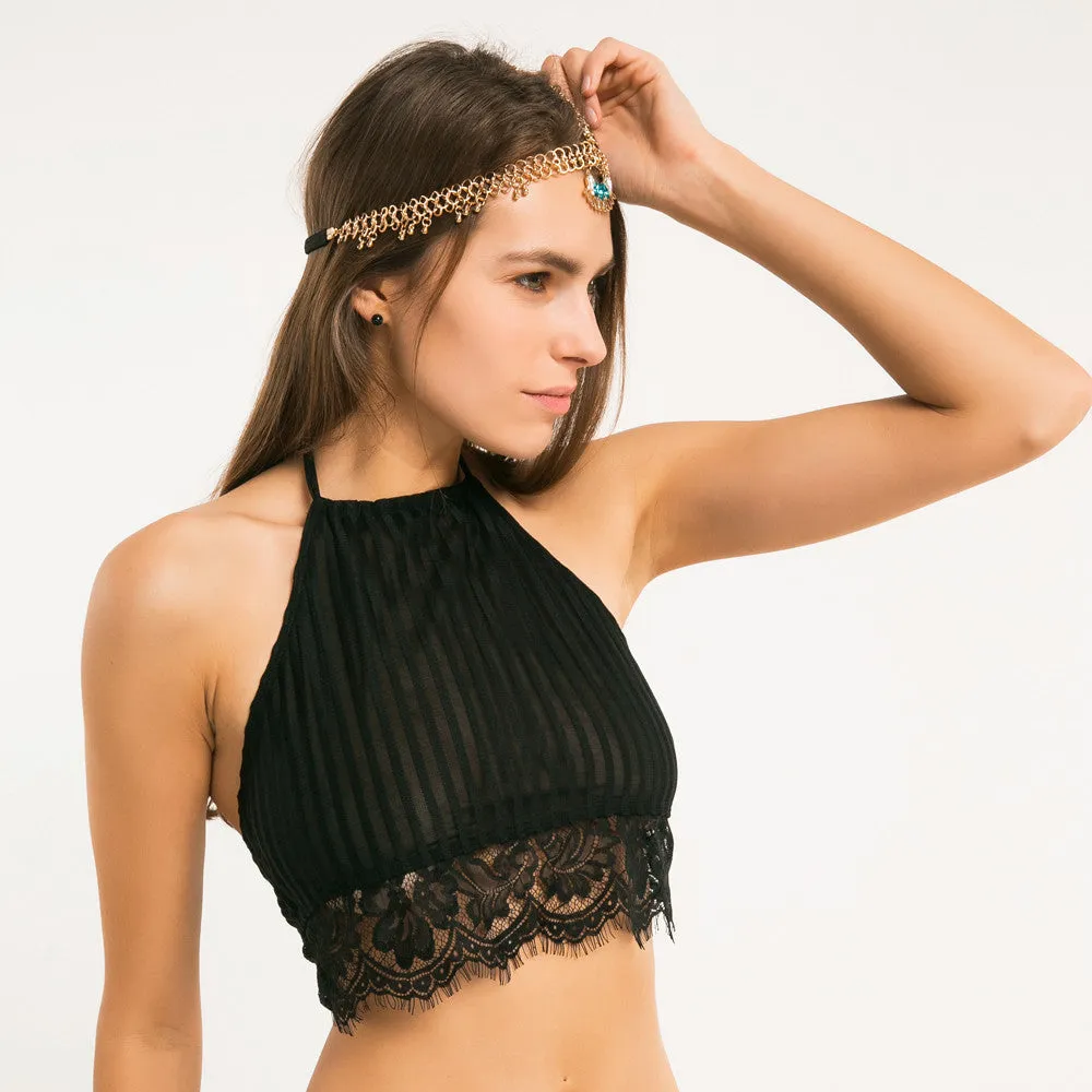 Lace Hem Halterneck Longline Bralette Top