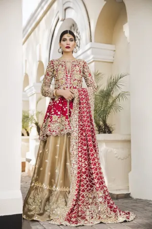 Latest designer embroidered bridal outfit in lavish red and gold color # B3439