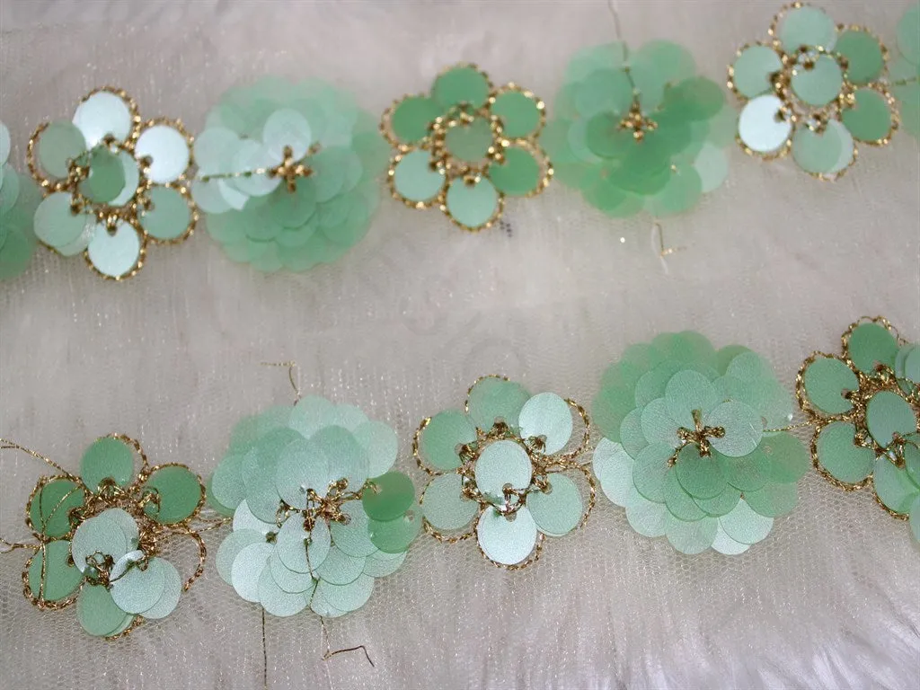 Light Green Floral Sequins Work Embroidered Border