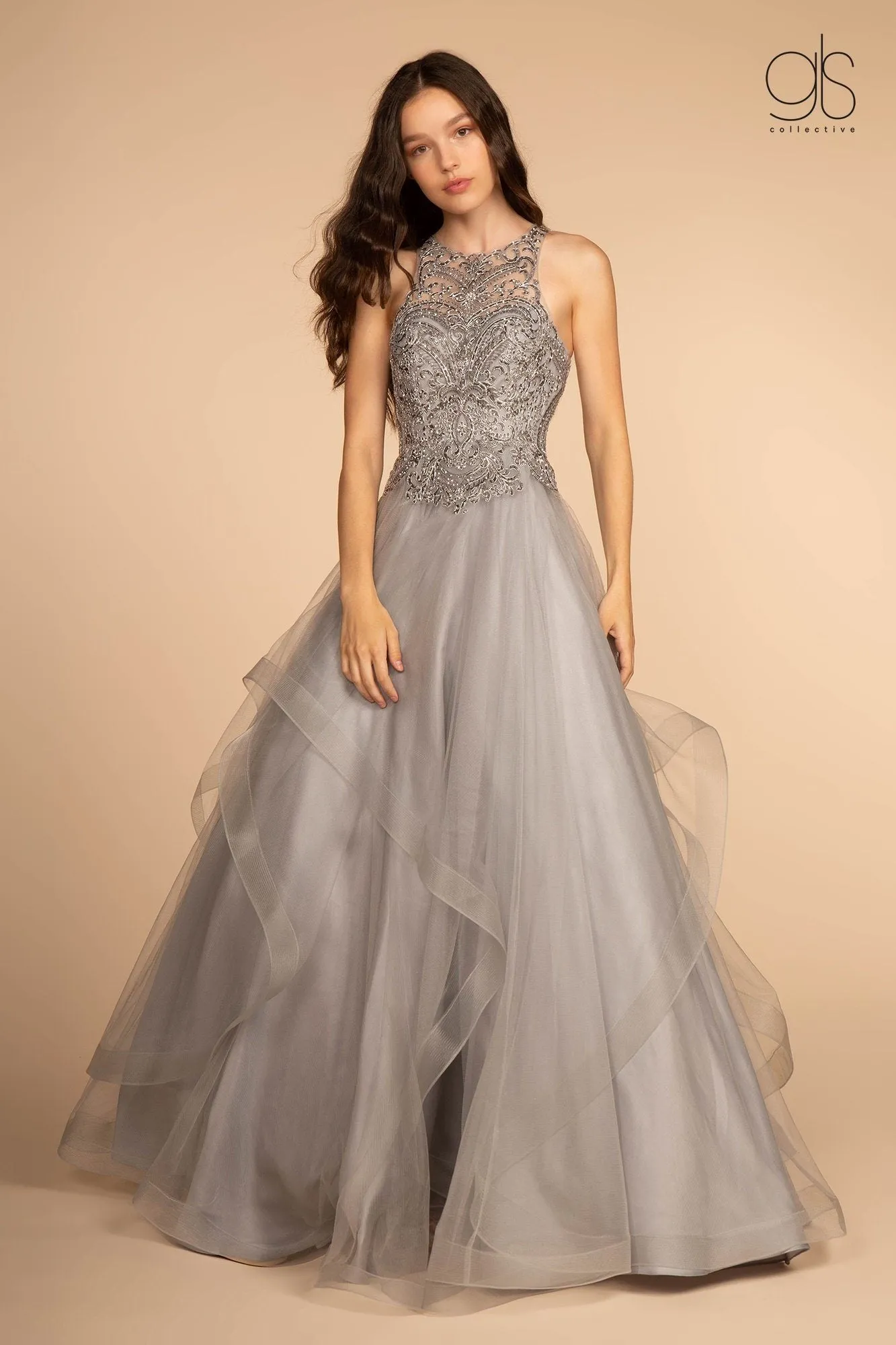 Long High Neck Ball Gown with Embroidered Bodice by GLS Gloria GL2528