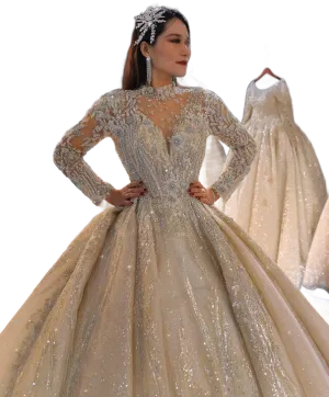 Long Sleeve Dubai Exclusive Beaded Ballgown Wedding Dress