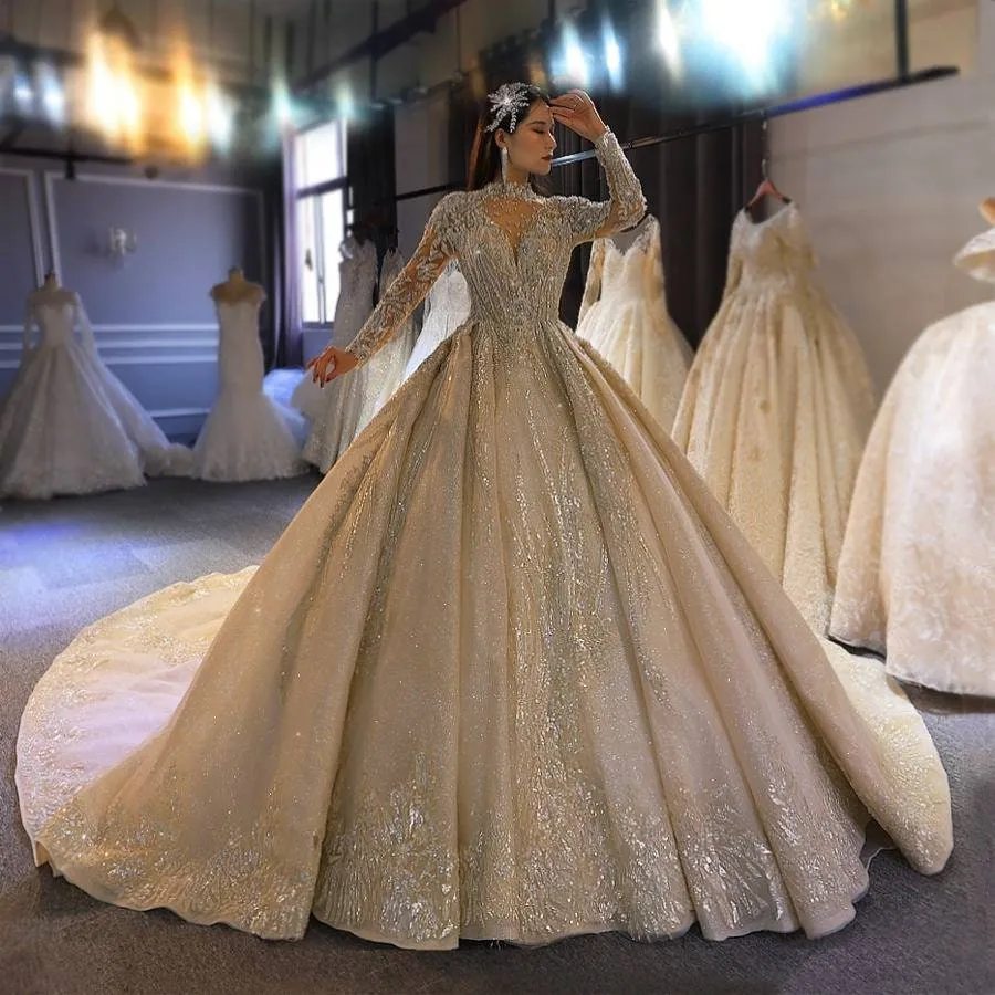 Long Sleeve Dubai Exclusive Beaded Ballgown Wedding Dress