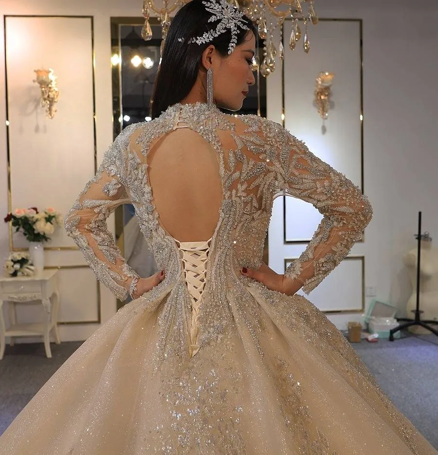 Long Sleeve Dubai Exclusive Beaded Ballgown Wedding Dress