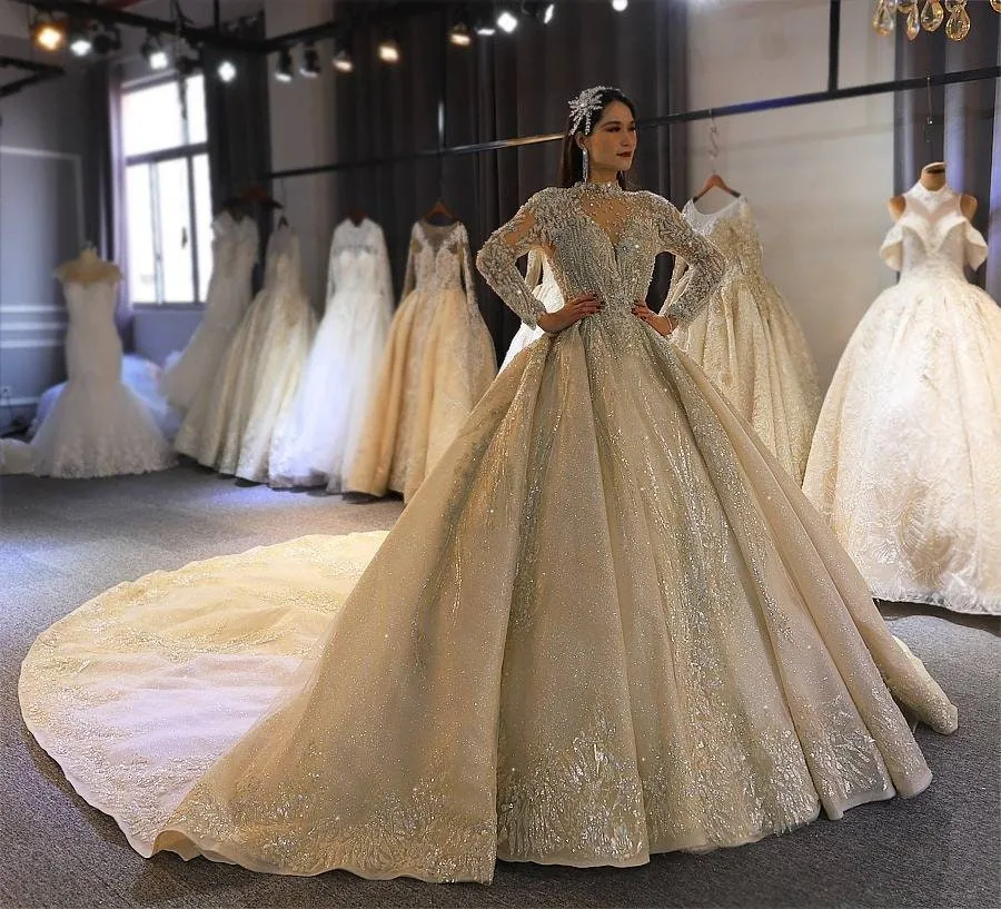 Long Sleeve Dubai Exclusive Beaded Ballgown Wedding Dress