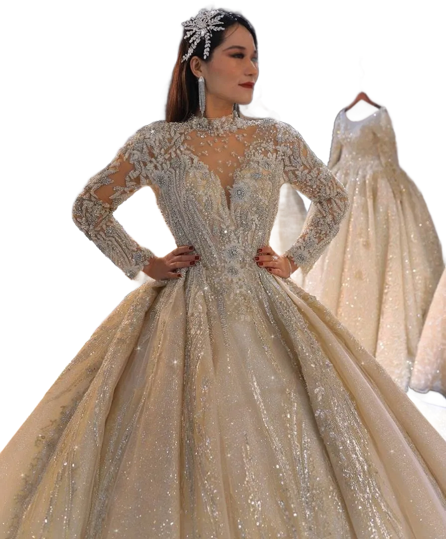 Long Sleeve Dubai Exclusive Beaded Ballgown Wedding Dress
