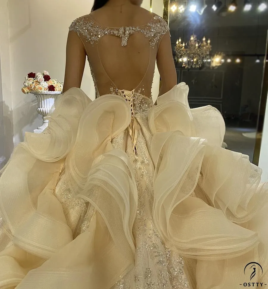 Luxury Champagne Wedding Dress Long Sleeve Hign Neck Full Beading Ball Gown OS3977