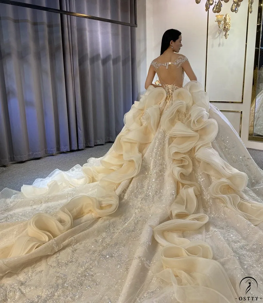 Luxury Champagne Wedding Dress Long Sleeve Hign Neck Full Beading Ball Gown OS3977