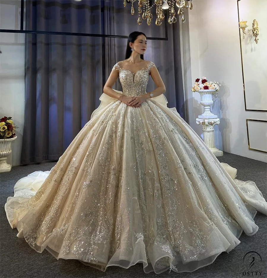 Luxury Champagne Wedding Dress Long Sleeve Hign Neck Full Beading Ball Gown OS3977