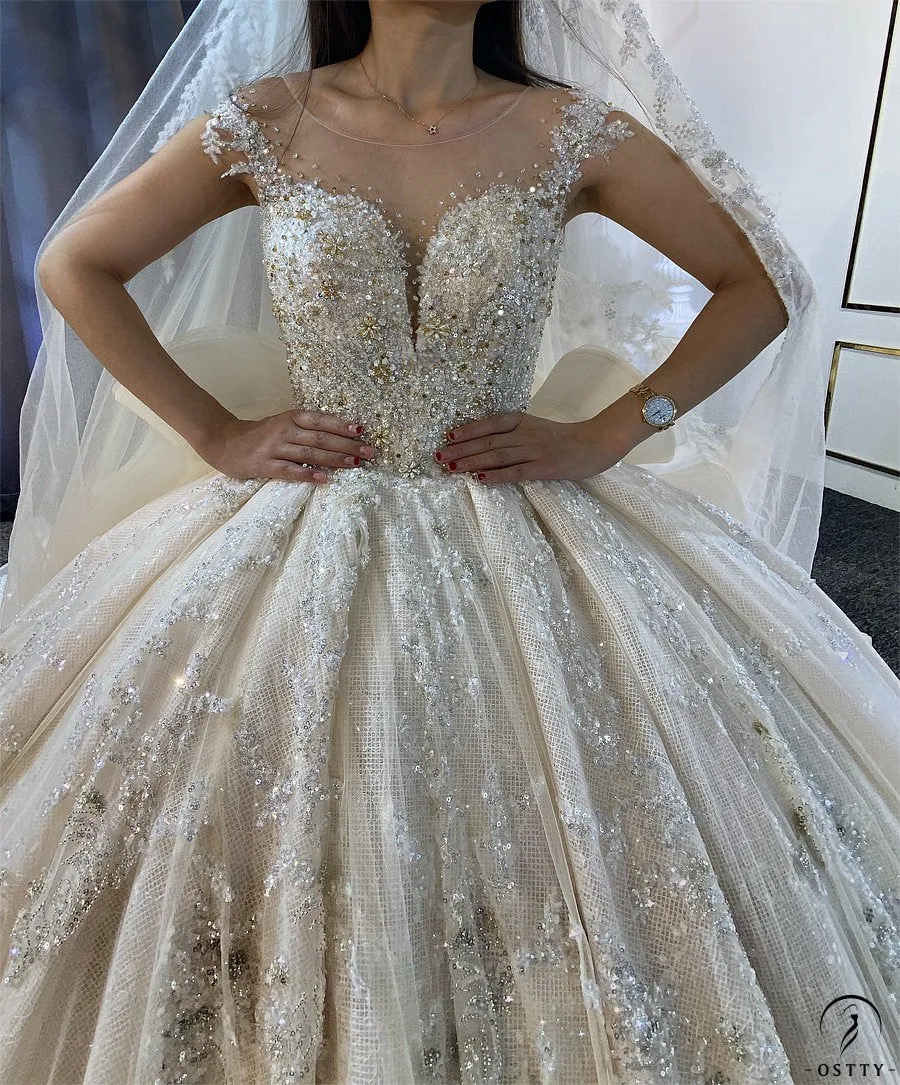 Luxury Champagne Wedding Dress Long Sleeve Hign Neck Full Beading Ball Gown OS3977