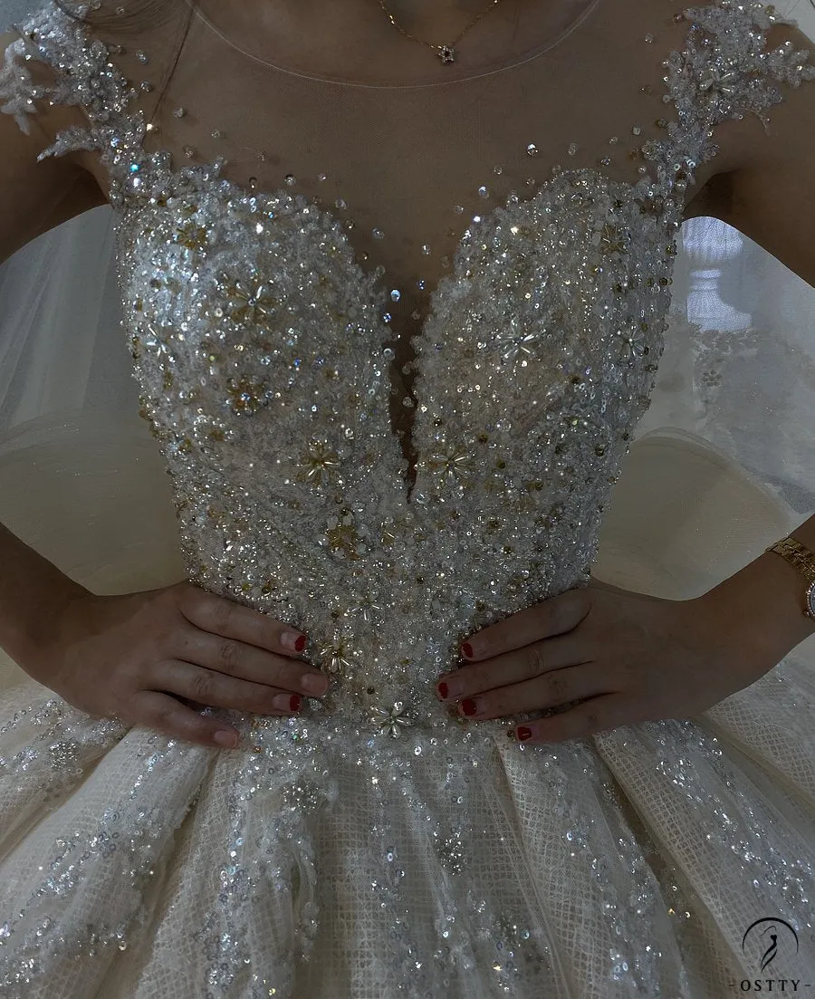 Luxury Champagne Wedding Dress Long Sleeve Hign Neck Full Beading Ball Gown OS3977