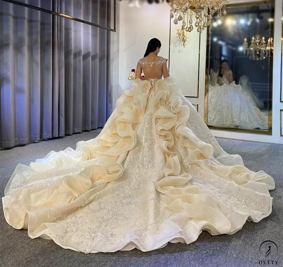 Luxury Champagne Wedding Dress Long Sleeve Hign Neck Full Beading Ball Gown OS3977