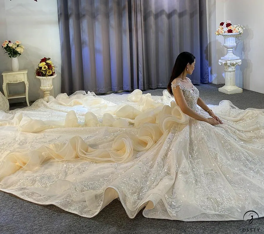 Luxury Champagne Wedding Dress Long Sleeve Hign Neck Full Beading Ball Gown OS3977