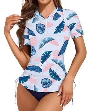 Modest Coverage Short Sleeve Rash Guard For Women-Blue Pink Leaves