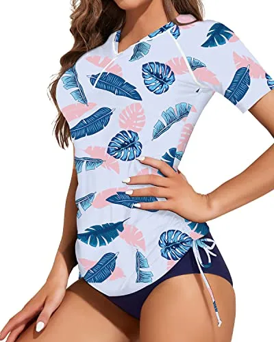 Modest Coverage Short Sleeve Rash Guard For Women-Blue Pink Leaves