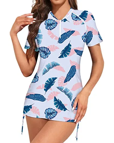Modest Coverage Short Sleeve Rash Guard For Women-Blue Pink Leaves