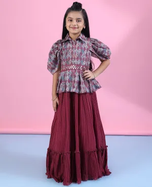 Multi-color Gown with intricately printed angel sleeve top with chiffon pleated-style fril skirt