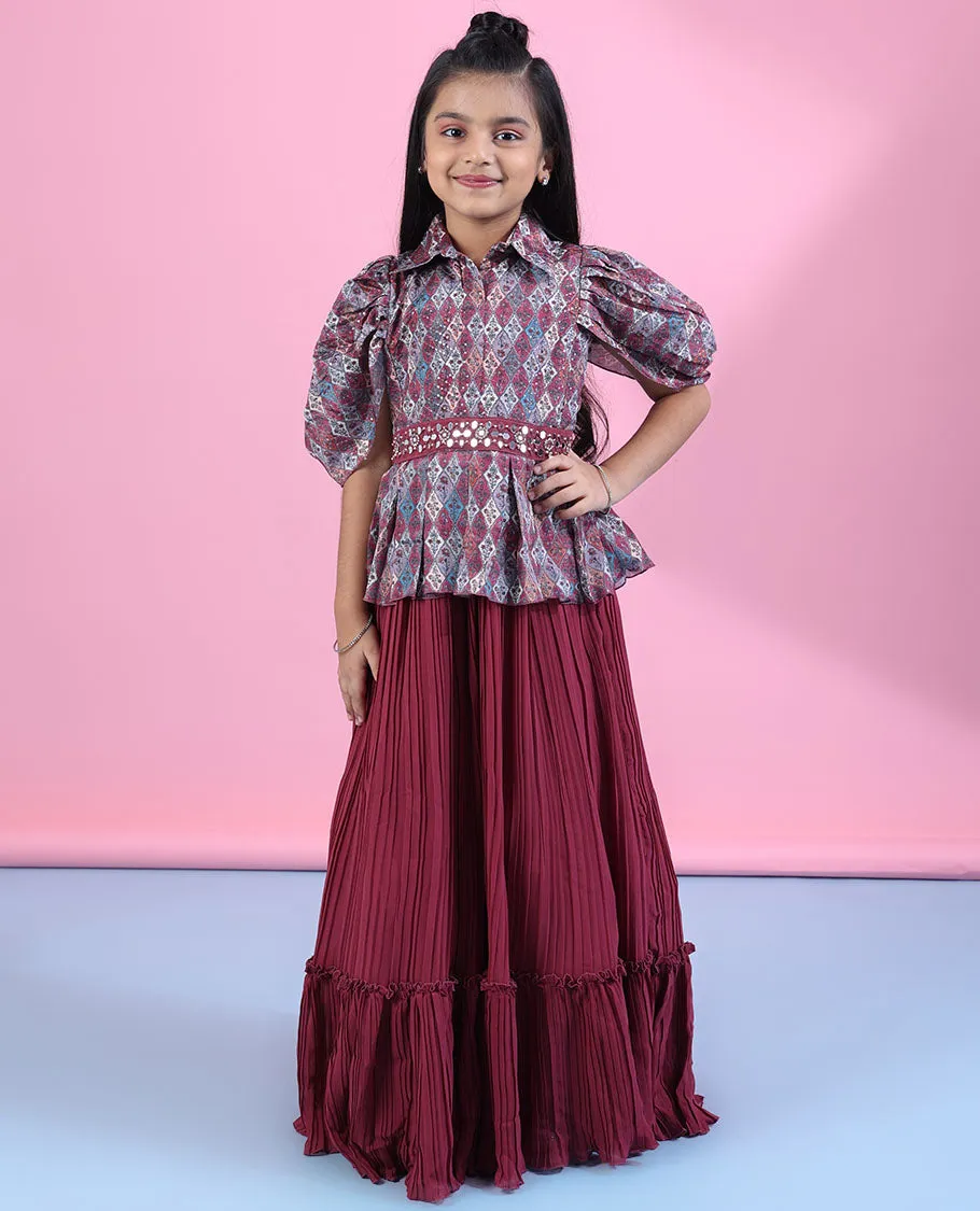 Multi-color Gown with intricately printed angel sleeve top with chiffon pleated-style fril skirt