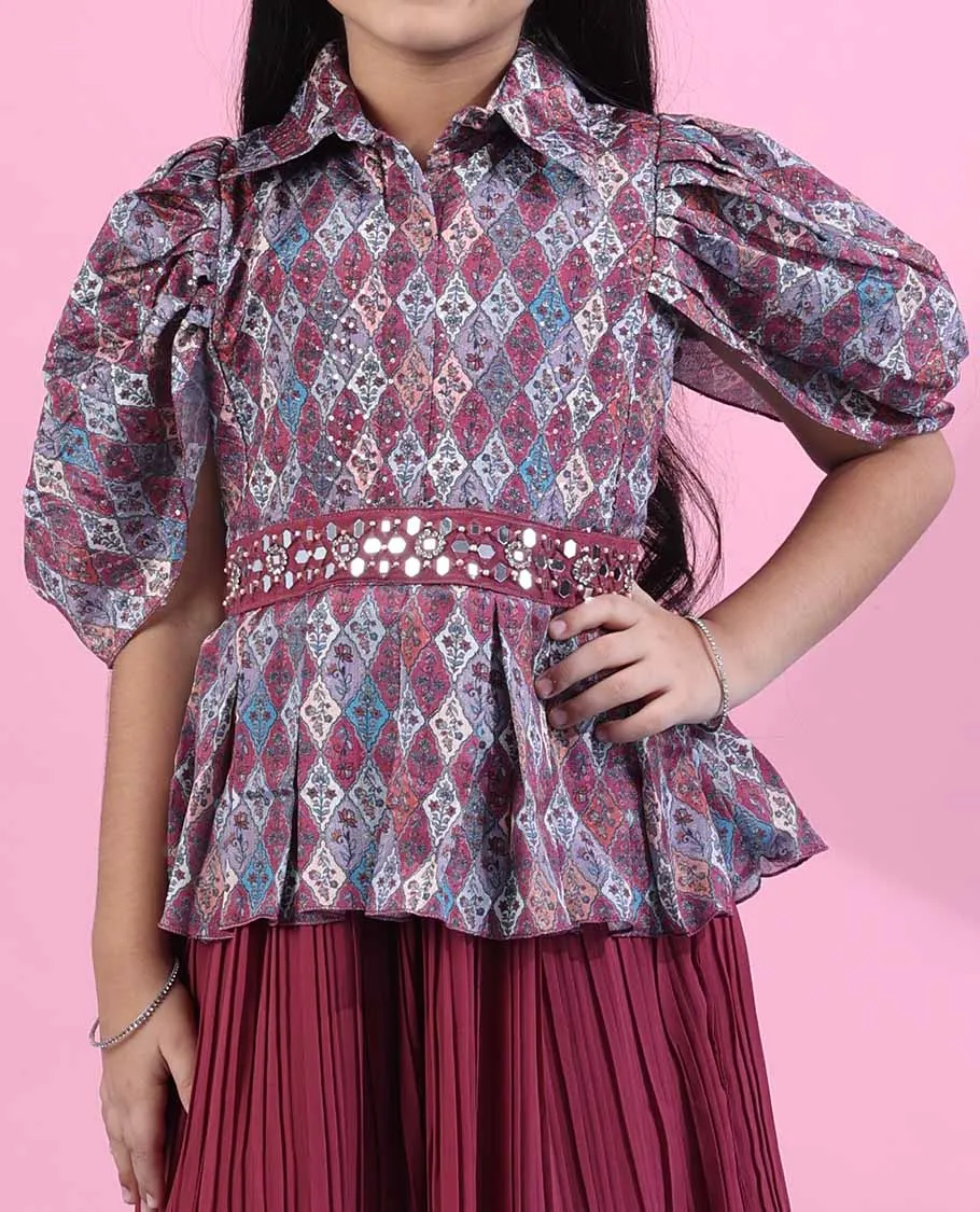 Multi-color Gown with intricately printed angel sleeve top with chiffon pleated-style fril skirt