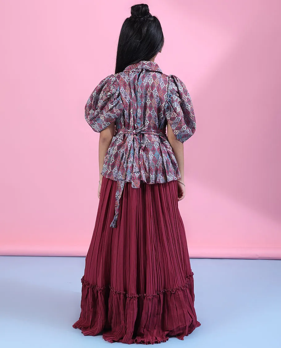 Multi-color Gown with intricately printed angel sleeve top with chiffon pleated-style fril skirt