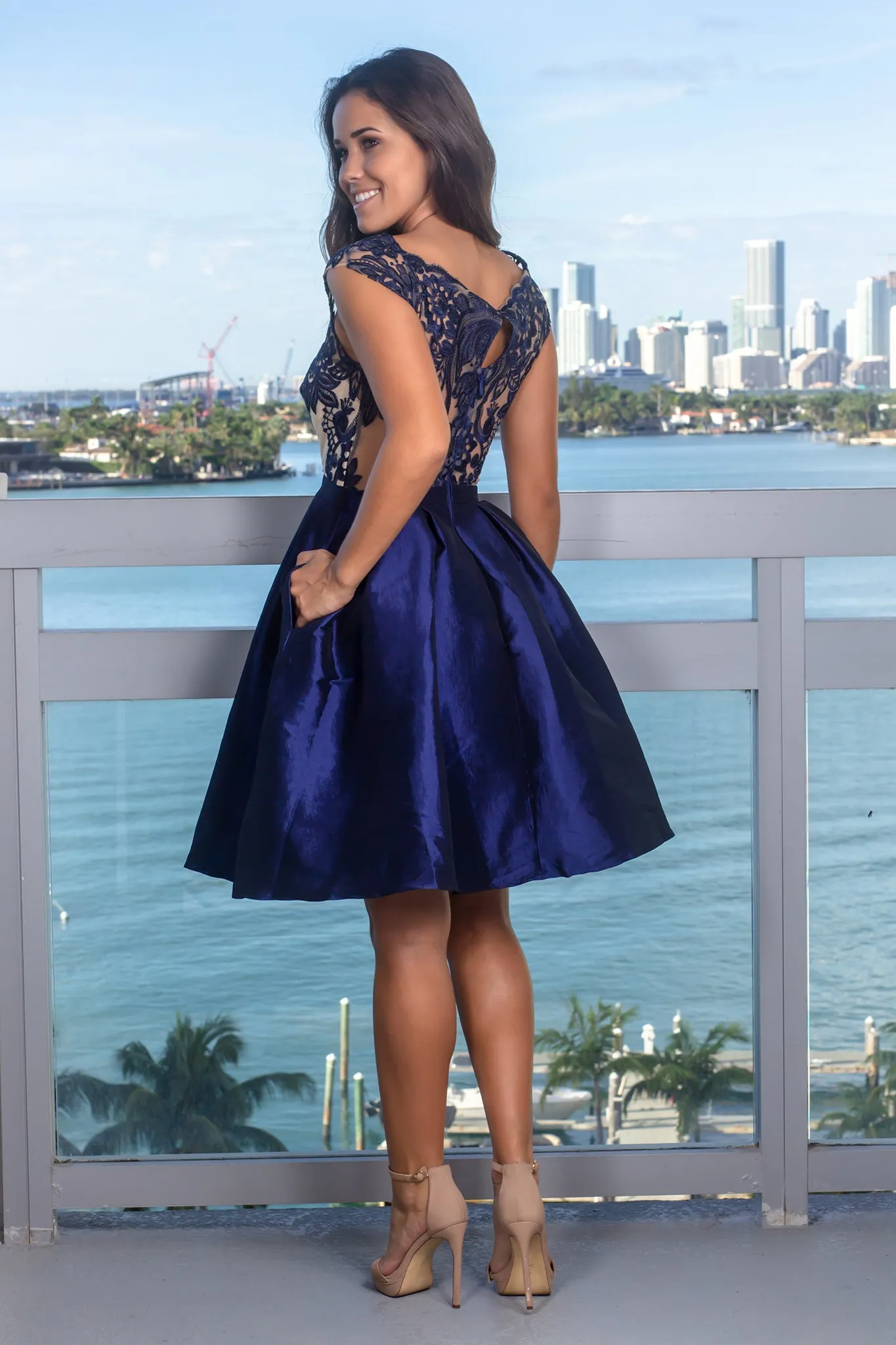 Navy Embroidered Top Short Dress with Pockets