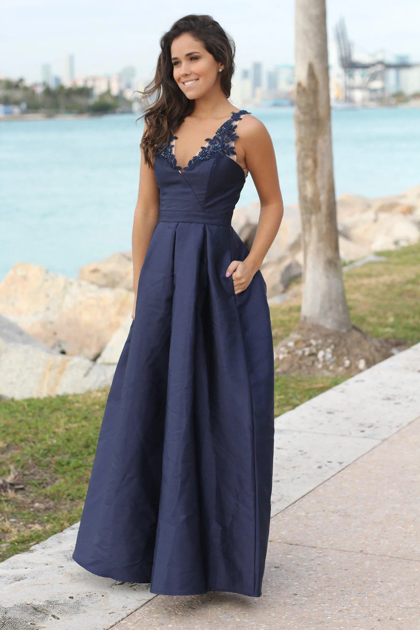Navy Maxi Dress with Embroidered Detail
