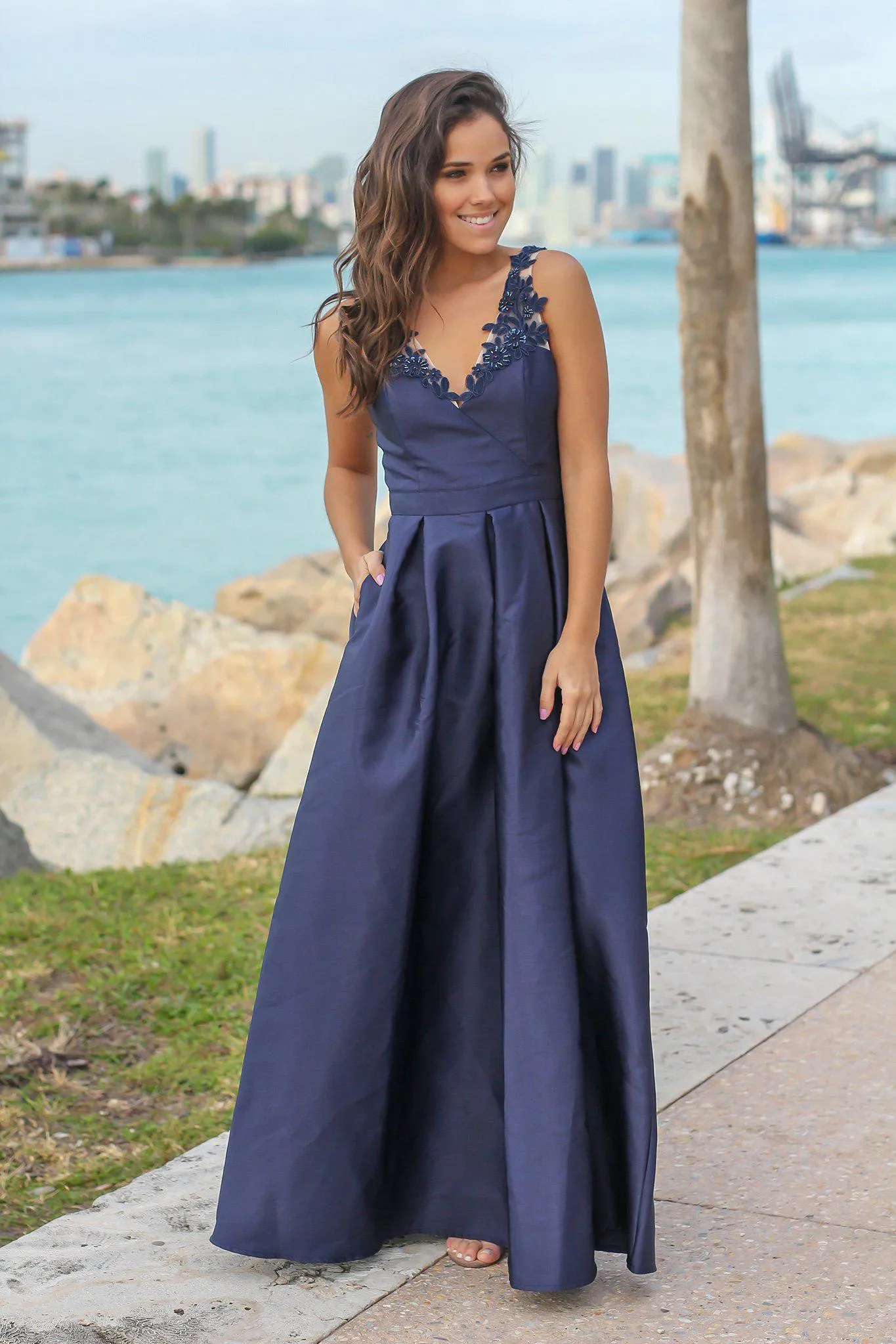 Navy Maxi Dress with Embroidered Detail