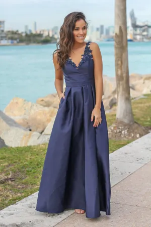 Navy Maxi Dress with Embroidered Detail