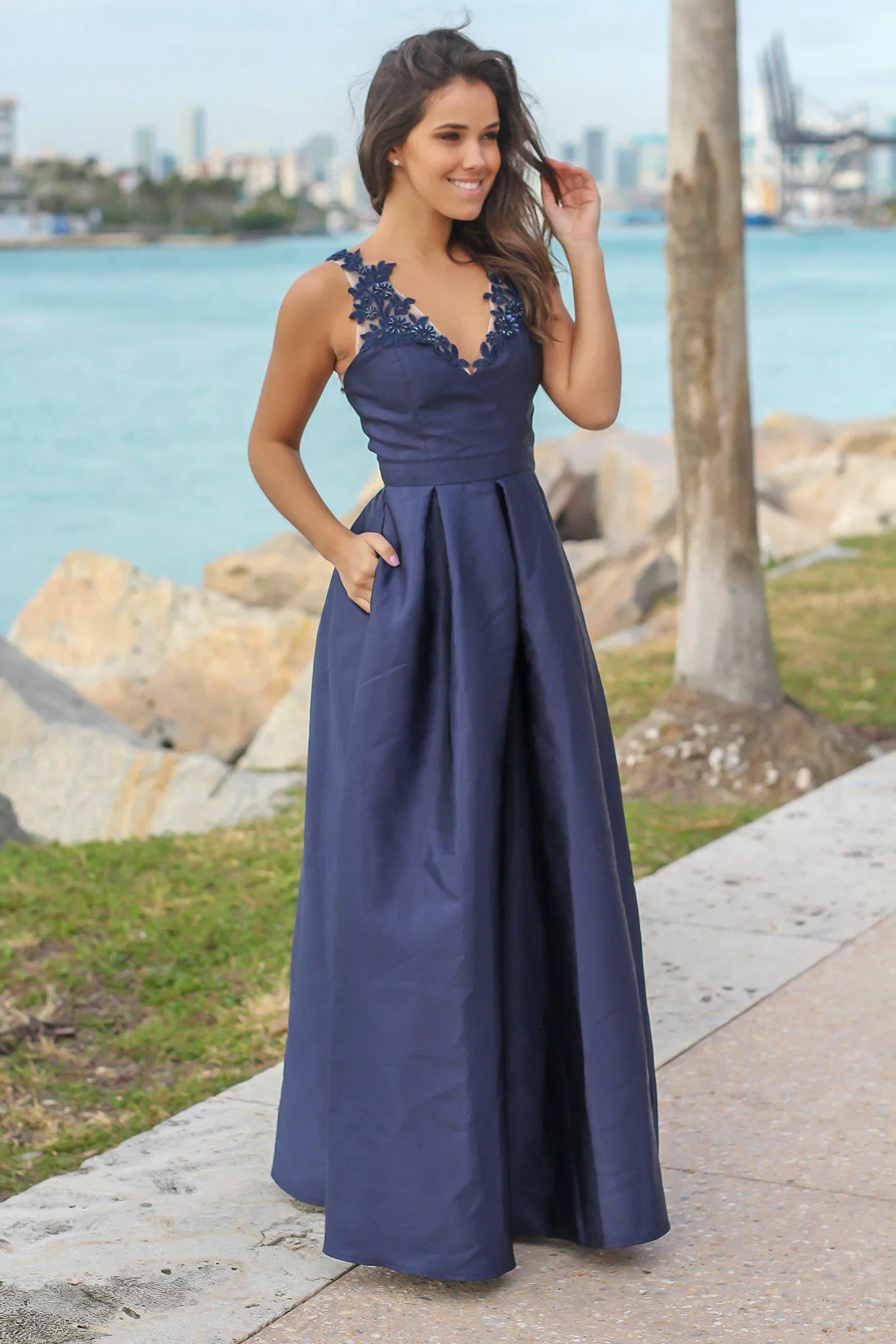 Navy Maxi Dress with Embroidered Detail