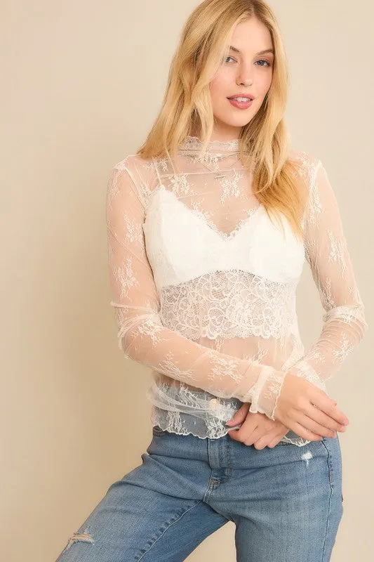 Off White Mesh Lace High Neck Design Long Sleeve Fitted Top