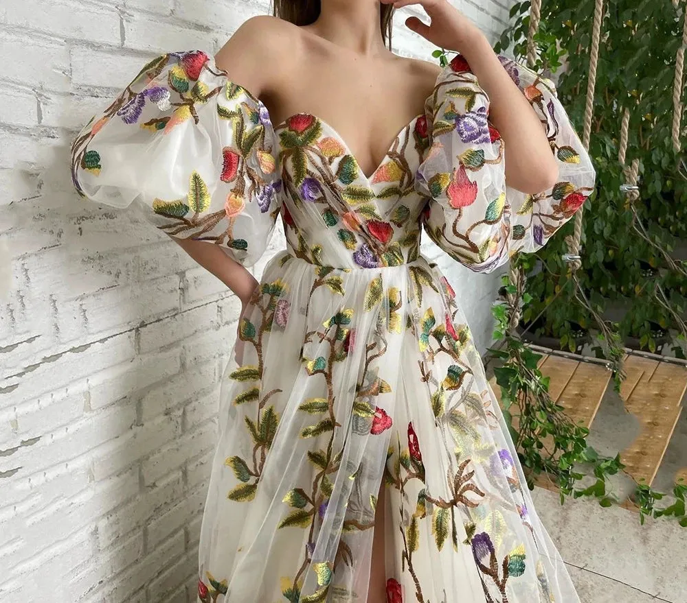 Open Shoulder Embroidered Mesh Long Skirt Prom Dresses