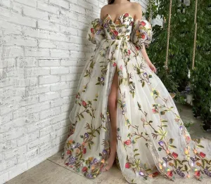 Open Shoulder Embroidered Mesh Long Skirt Prom Dresses