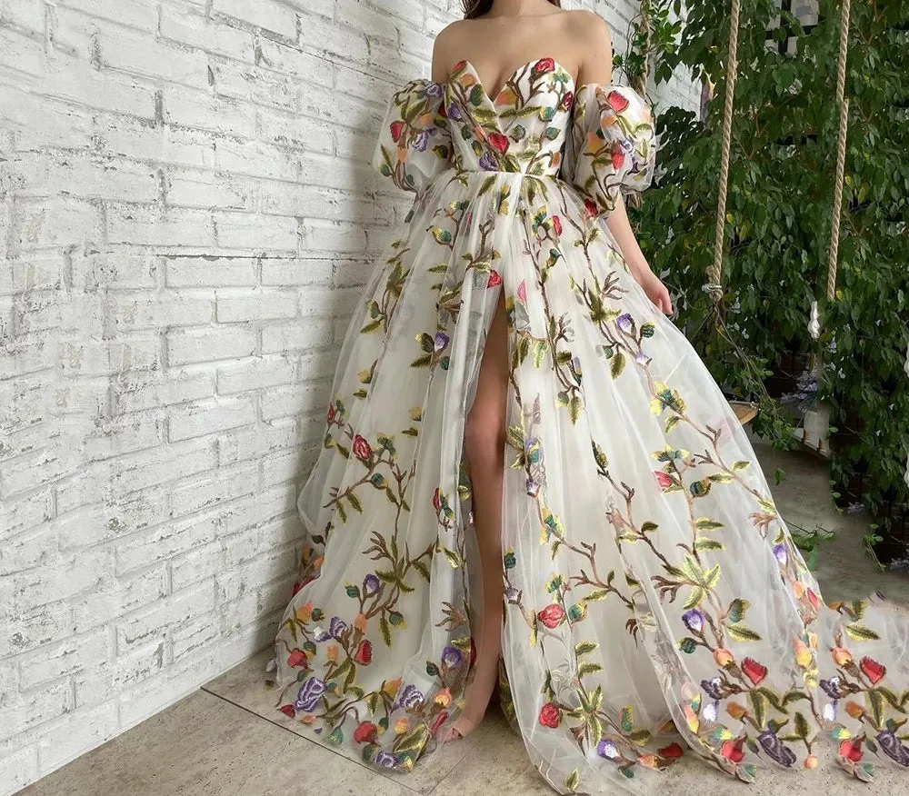 Open Shoulder Embroidered Mesh Long Skirt Prom Dresses
