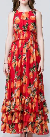 Orange Print Tiered Chiffon Dress
