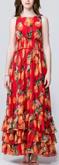 Orange Print Tiered Chiffon Dress