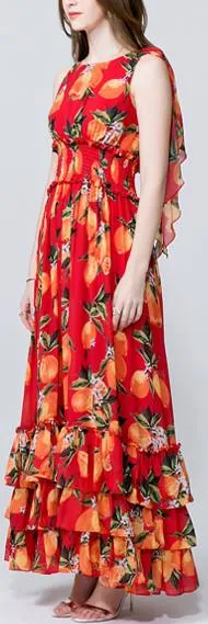 Orange Print Tiered Chiffon Dress