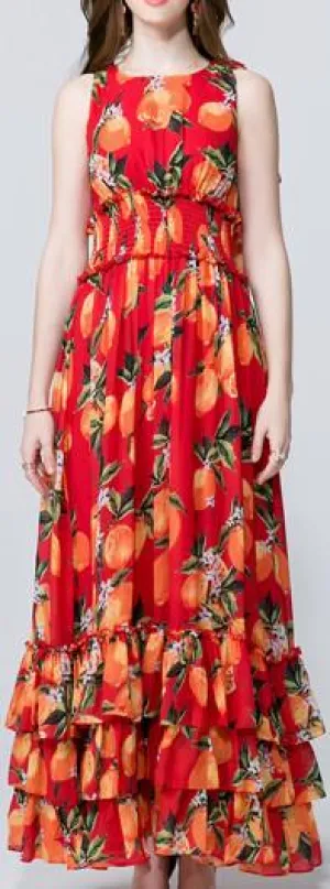 Orange Print Tiered Chiffon Dress