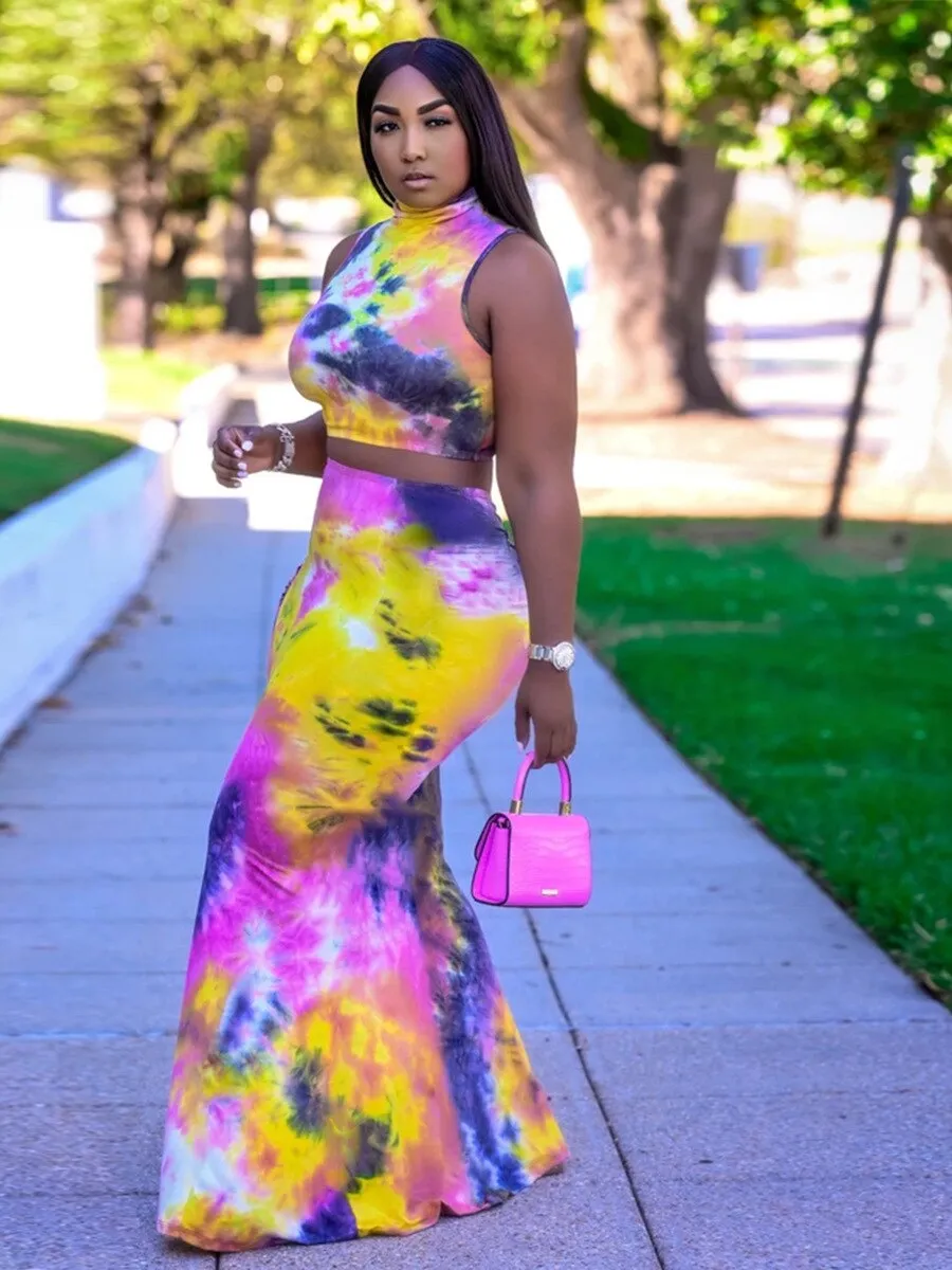 Pastel Tie-Dye Sleeveless Crop Top   Bodycon Maxi Skirt 2-Piece Set to 5X