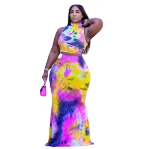 Pastel Tie-Dye Sleeveless Crop Top   Bodycon Maxi Skirt 2-Piece Set to 5X