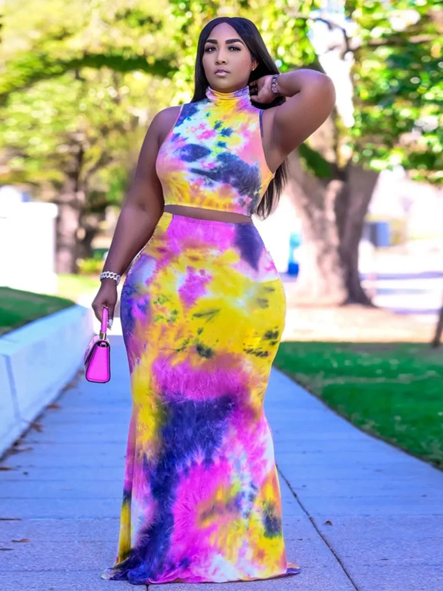 Pastel Tie-Dye Sleeveless Crop Top   Bodycon Maxi Skirt 2-Piece Set to 5X