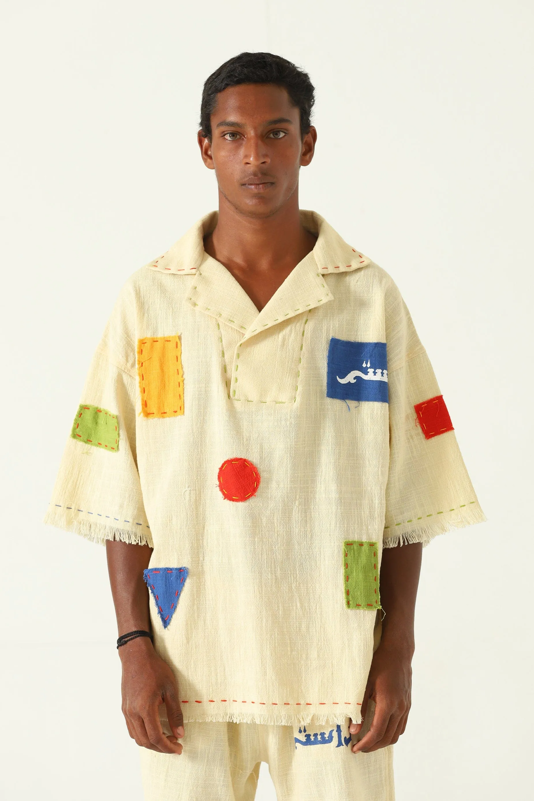 PATCHWORK HANDWOVEN BEIGE POLO