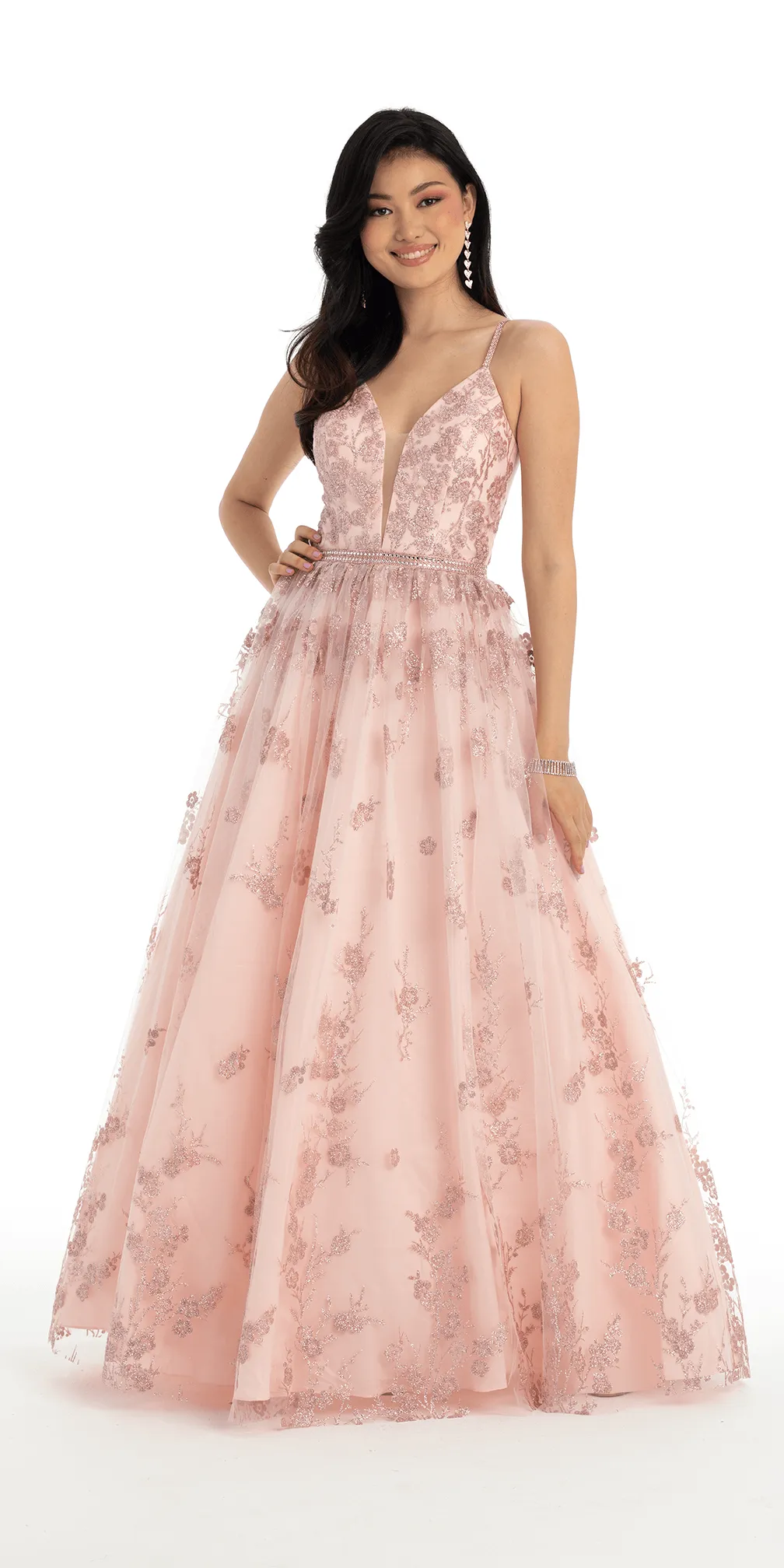 Plunging Glitter Embroidered Ballgown