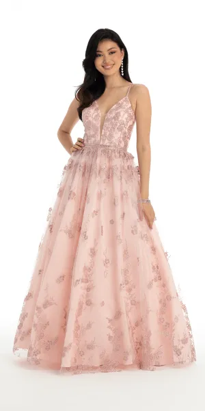 Plunging Glitter Embroidered Ballgown