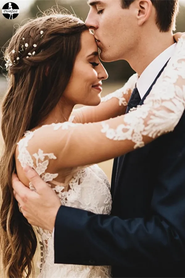 Promfast Elegant Mermaid Wedding Dresses Long Sleeves Lace Bridal Gowns PFW0534