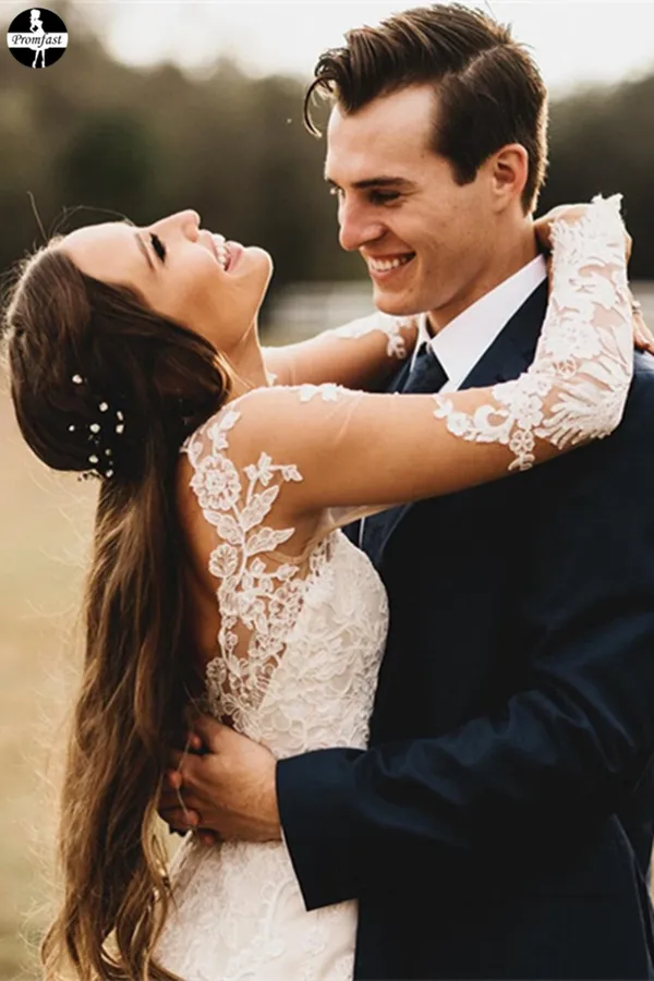 Promfast Elegant Mermaid Wedding Dresses Long Sleeves Lace Bridal Gowns PFW0534