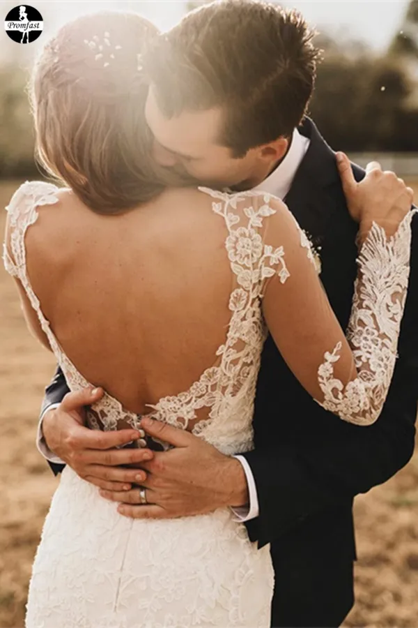 Promfast Elegant Mermaid Wedding Dresses Long Sleeves Lace Bridal Gowns PFW0534